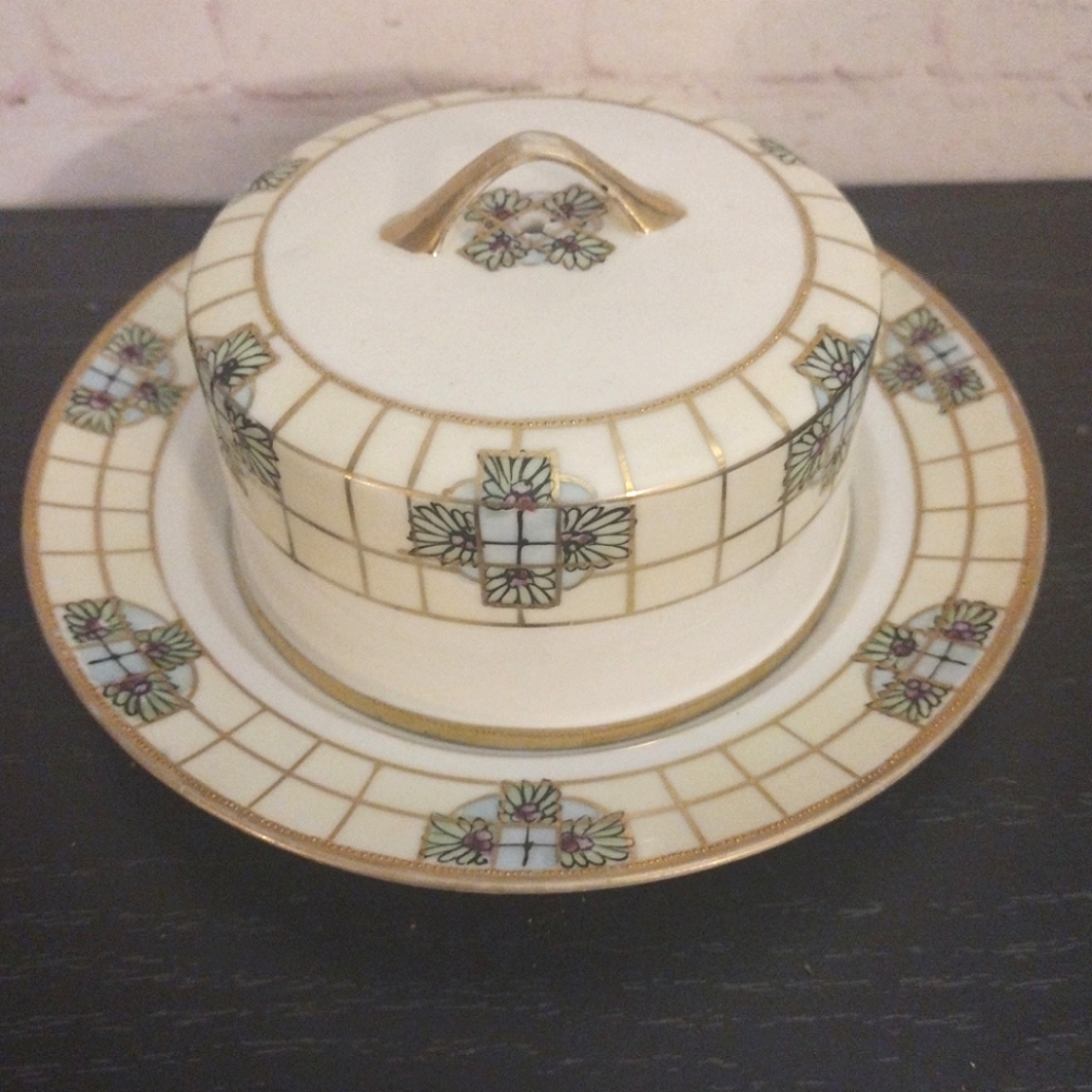 VTG Nippon Hand Painted Blue Floral Gold Trim Covered Butter Dish  Cheese Plate